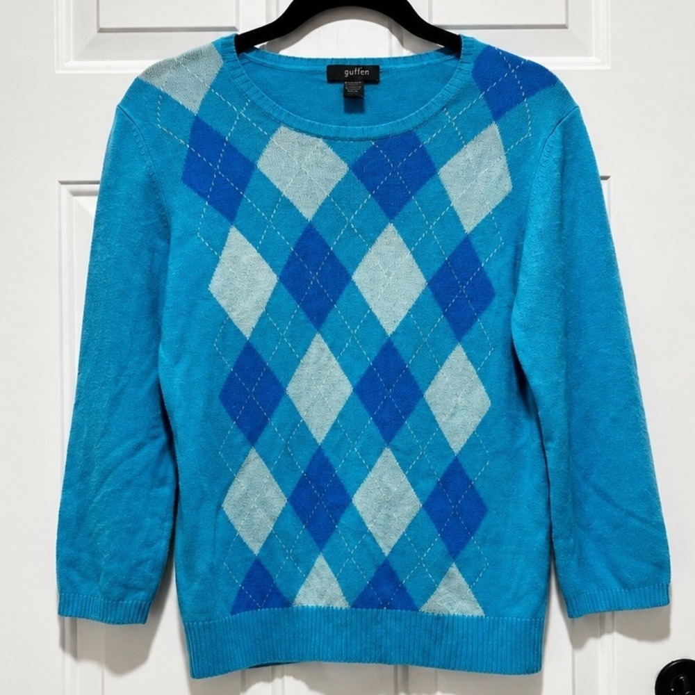 Griffen 100% Cashmere Sweater Womens L Blue Argyle Preppy Crew Neck 3/4 Sleeve
